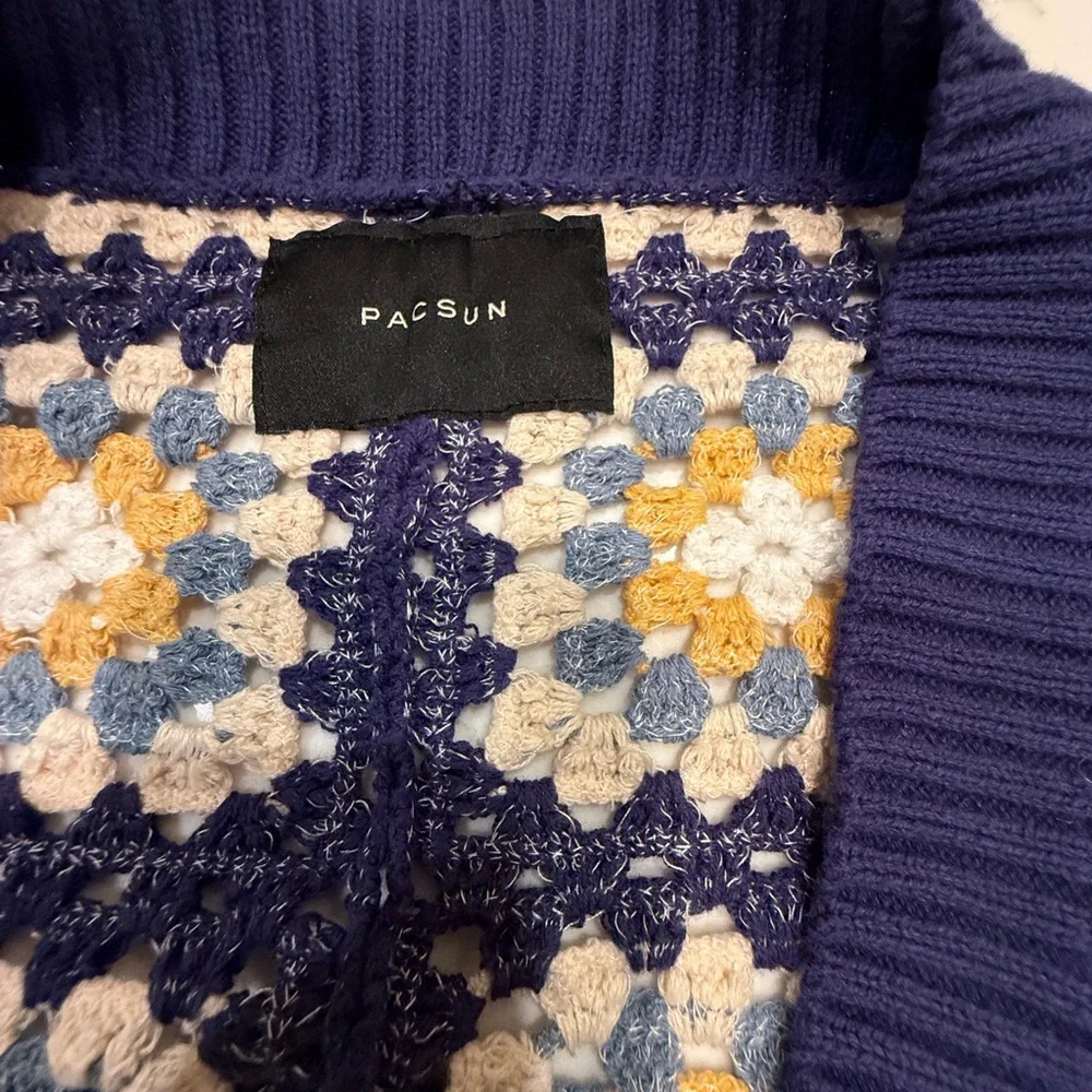 PacSun Estate Cardigan Crochet Granny Square V-Neck Button Down Sweater Navy - Picture 8 of 13